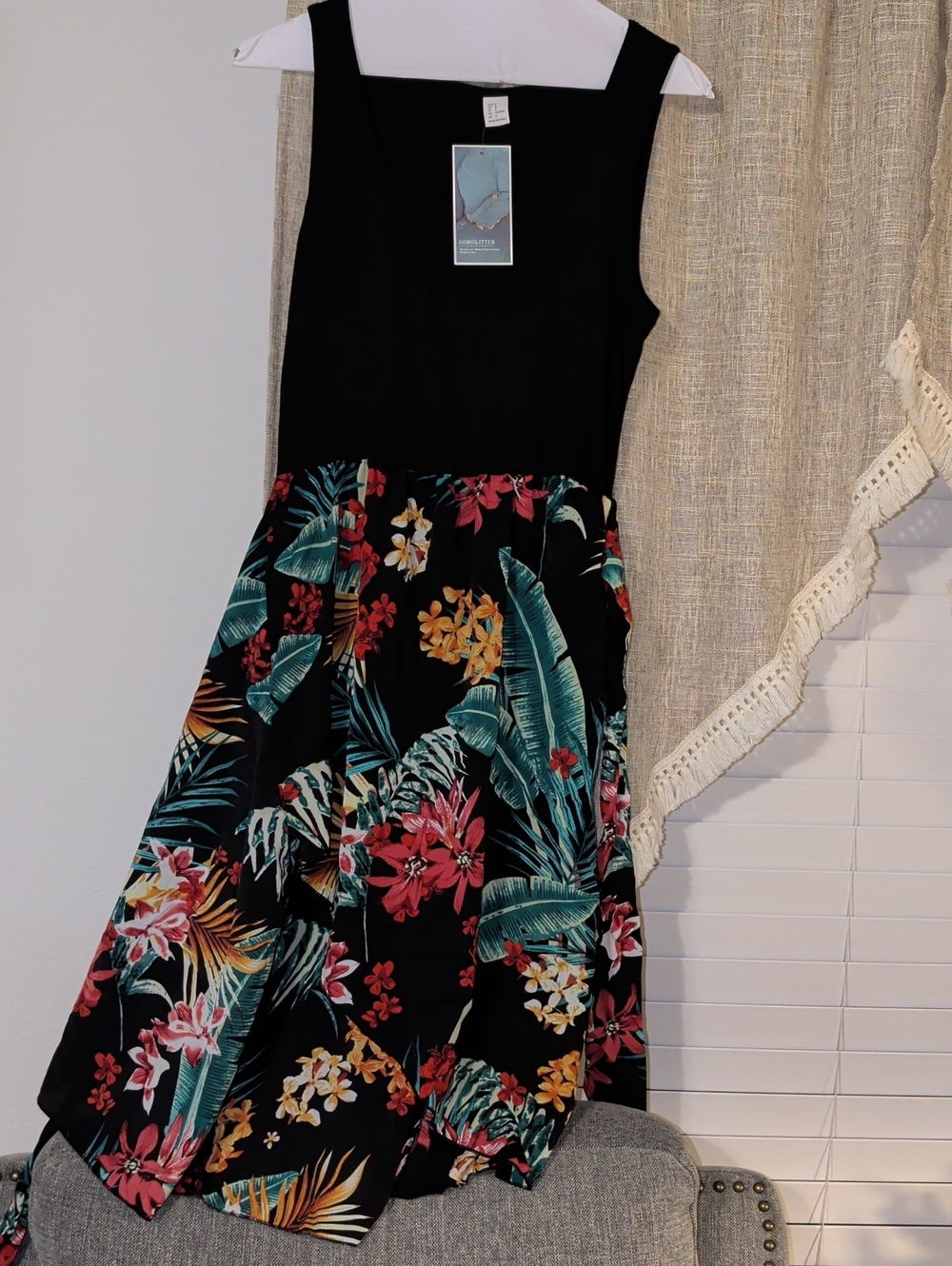 Black Floral Tropical Midi Dress with Sleeveless Bodice